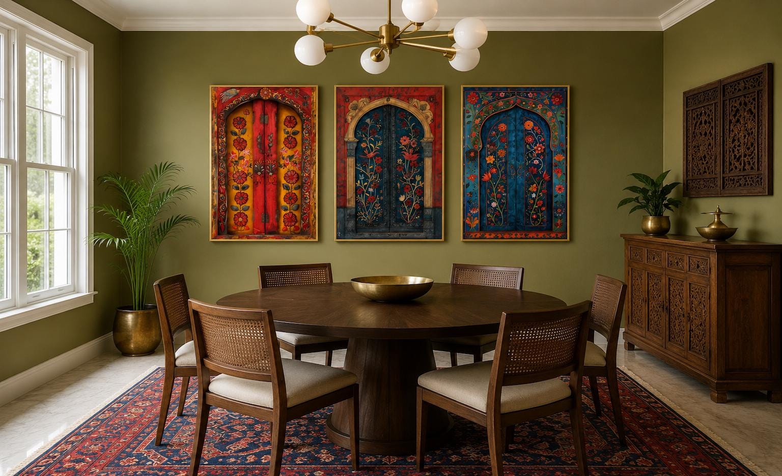 Set of Three Indian Wall Art, Madhubani Painting Style Indian
