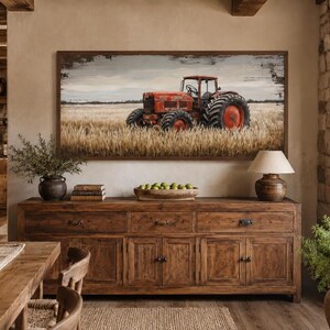 Red Tractor In Wheat Field Wall Art, Farm Landscape Rustic Painting Canvas Print, Farmhouse Kitchen Wall Decor Framed Ready To Hang