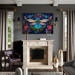 Dragonfly Wall Art - Stained Glass Style Dragonfly Painting, Art Nouveau Print on Canvas Farmhouse Wall Decor, Ready To Hang