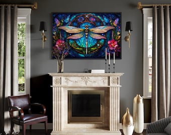 Dragonfly Wall Art - Stained Glass Style Dragonfly Painting, Art Nouveau Print on Canvas Farmhouse Wall Decor, Ready To Hang