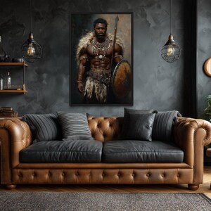 African Tribal Warrior Wall Art – Powerful Warrior Canvas Print With Shield and Spear, Masculine Statement Artwork for Man Cave Décor imagen 7