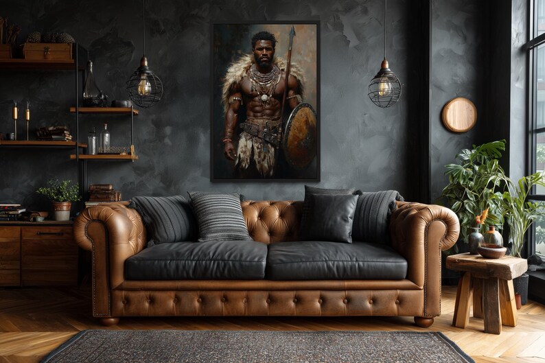 African Tribal Warrior Wall Art – Powerful Warrior Canvas Print With Shield and Spear, Masculine Statement Artwork for Man Cave Décor imagen 7