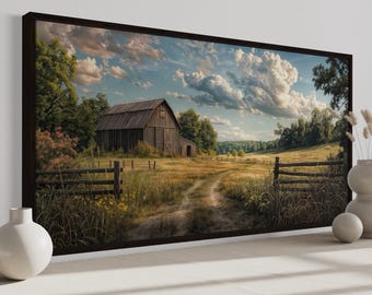 Retro Farm Wall Art - Old Barn In The Farm Landscape Painting Canvas PRINT, Rustic Farmhouse Wall Decor Framed Ready To Hang