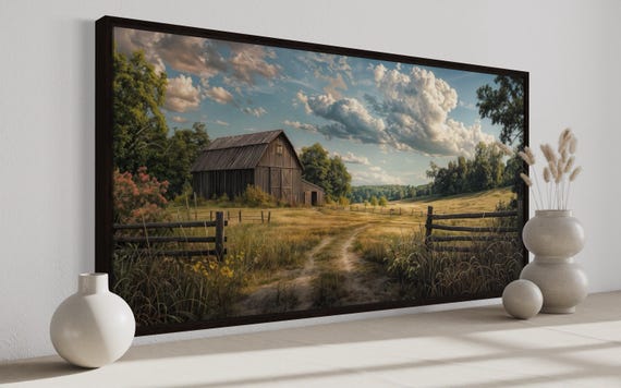 Retro Farm Wall Art - Old Barn In The Farm Landscape Painting Canvas PRINT, Rustic Farmhouse Wall Decor Framed Ready To Hang