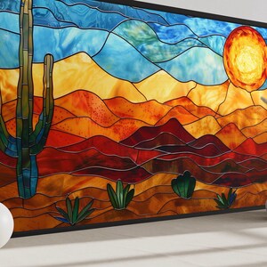 Arizona Desert Wall Art - Stained Glass Style Sonoran Desert And Saguaro Painting Canvas PRINT, Southwest Decor, Ready To Hang