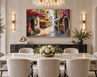 Charming Italian Street With Restaurants Painting Canvas PRINT, Italian Wall Art, Italy Landscape, Dining Room Wall Art Framed Ready To Hang
