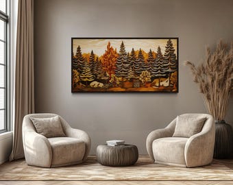 Cabin Wall Art - Layered Wood Panel Effect Fir Tree Forest Painting Printed on Canvas, Lodge Decor Rustic Wall Art, Framed Ready To Hang