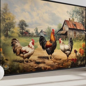 a serene rural scene with three roosters standing on a dirt road, surrounded by a lush green field and a rustic barn in the background.