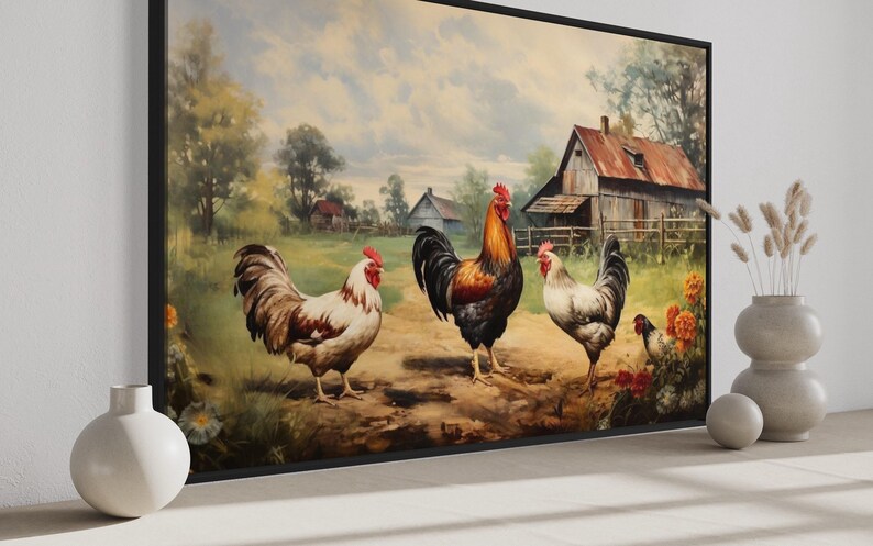 a serene rural scene with three roosters standing on a dirt road, surrounded by a lush green field and a rustic barn in the background.