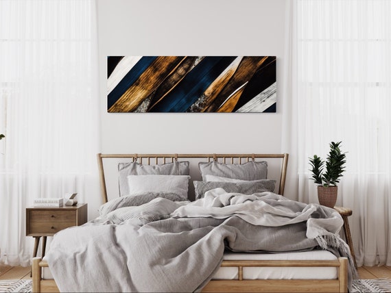Over Bed Wall Art Wood Panel Effect Navy Blue And Brown Painting Canvas Print Long Horizontal Narrow Modern Rustic Artwork Ready to Hang Etsy