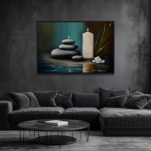 Zen Wall Art Candles And Stacked Rocks Painting Printed On Canvas  - Feng Shui Wall Art - Yoga Room Decor - Framed Or Unframed Ready To Hang