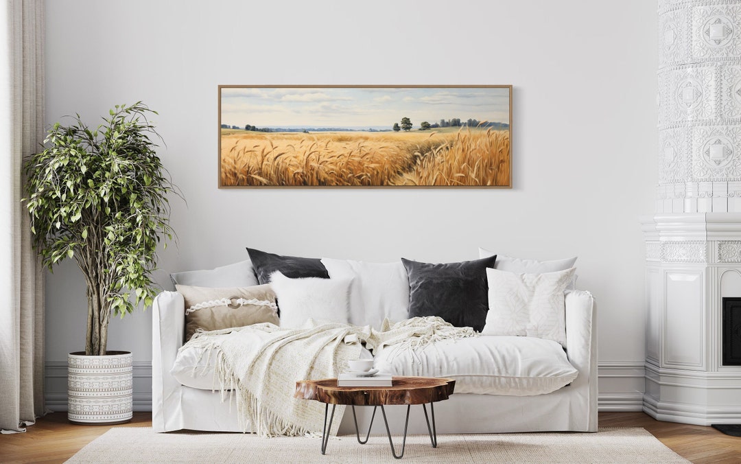Farm Landscape Wall Art, Wheat Field Painting Horizontal Canvas Print, Farmhouse Rustic Retro