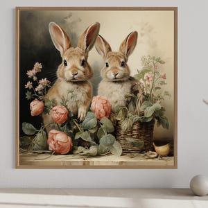 two rabbits sitting amidst flowers and plants, with a vase of flowers and a small bird nearby.