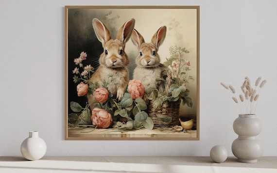 Easter Wall Art, Two Bunnies With Flowers Vintage Painting Canvas PRINT, Farmhouse Wall Art, Easter Decor Framed Ready To Hang