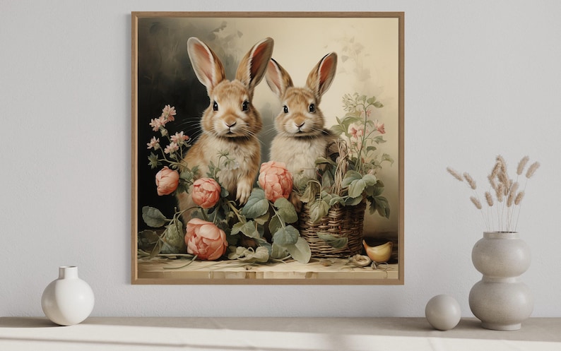 two rabbits sitting amidst flowers and plants, with a vase of flowers and a small bird nearby.