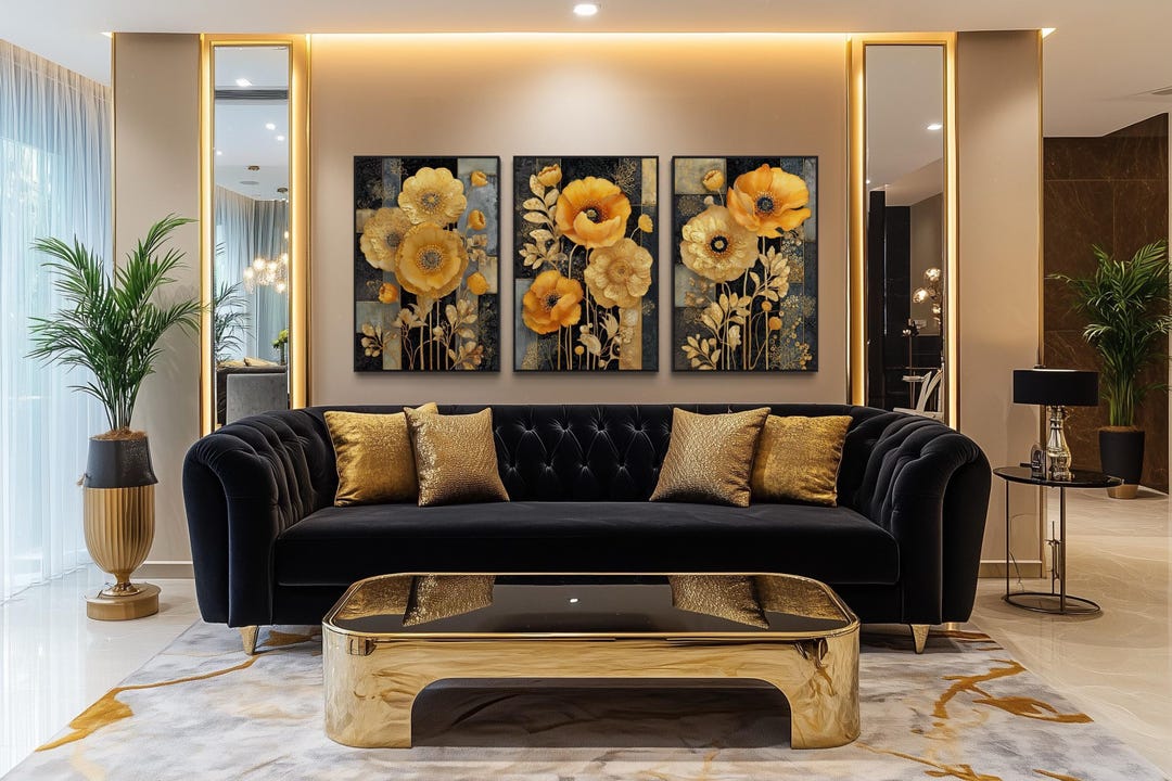 Black Gold Floral Wall Art Set of 3, Yellow Poppy Flower Three Piece ...