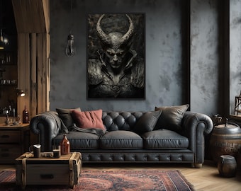 Horned Demon Warrior Gothic Canvas Wall Art – Dark Fantasy Villain Painting, Gothic Demon Head Poster for Man Cave or Dungeon Decor