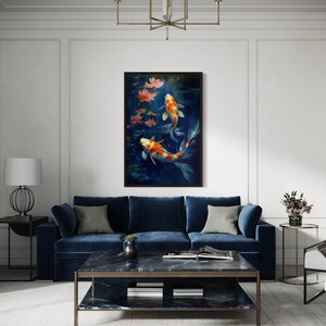 a modern living room with a blue sofa, a marble coffee table, and a large painting of fish on the wall.