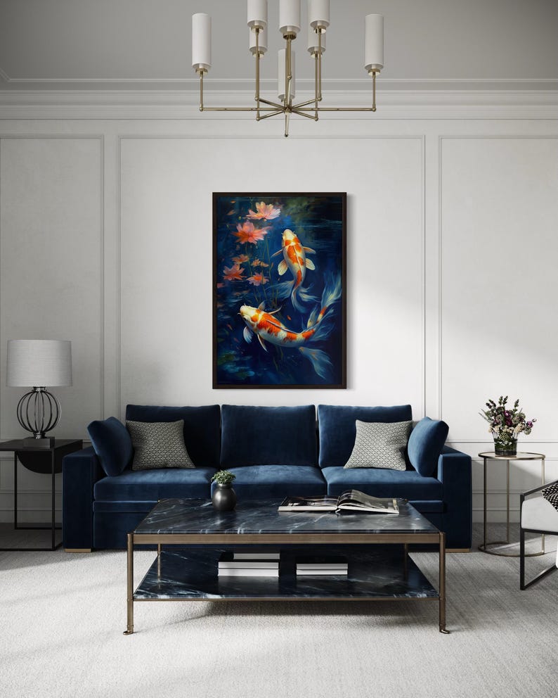 a modern living room with a blue sofa, a marble coffee table, and a large painting of fish on the wall.