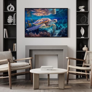 Sea Turtle Wall Art, Ocean Reef Canvas Print, Coastal Marine Life Painting For Living Room, Framed Ready To Hang
