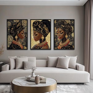 African American Black Woman Set Of 3 Canvas Wall Art – Elegant Portraits With Gold Pattern Headwrap And Beautiful Detail Fashion Wall Decor