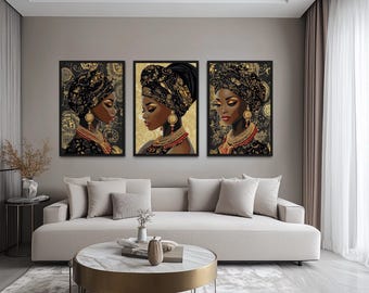 African American Black Woman Set Of 3 Canvas Wall Art – Elegant Portraits With Gold Pattern Headwrap And Beautiful Detail Fashion Wall Decor