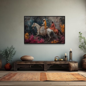 Persian Couple on Horseback Wall Art - Middle Eastern Painting Canvas Print, Vibrant Cultural Decor Framed Ready to Hang