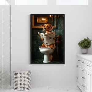 Red Dachshund On The Toilet Reading Newspaper, Funny Bathroom Art, Toilet Humor, Canvas Framed Unframed Ready To Hang