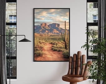 Arizona Desert Painting With Saguaro Cactus Vertical  Canvas Print - Southwestern Landscape Wall Art Framed Unframed Ready To Hang