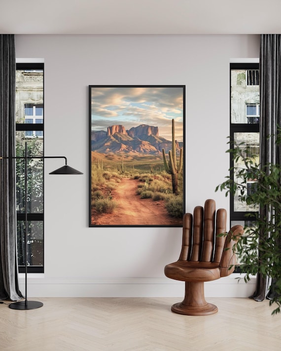 Arizona Desert Painting With Saguaro Cactus Vertical  Canvas Print - Southwestern Landscape Wall Art Framed Unframed Ready To Hang