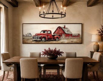 May include: A rectangular wall art print featuring a vintage red pickup truck parked in a field in front of a large red barn. The scene is rendered in a painterly style with muted earth tones, depicting a rural landscape with a wooden fence.