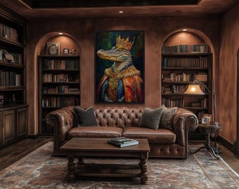 Art For Men - King Alligator  With Crown And Robe Victorian Portrait Wall Art, Bold Man Cave Animal Decor Crocodile art Framed Ready To Hang