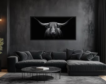 Black Texas Longhorn Cow Wall Art - Farmhouse, Living Room Art - Longhorn Painting Extra Large Canvas Print Framed Ready To Hang