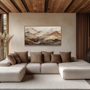 Brown Beige Wall Art, Abstract Marble Mountain Landscape Painting Canvas PRINT, Long Horizontal Living Room Bedroom Decor Ready To Hang