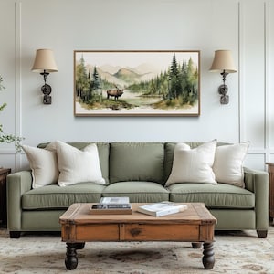 Moose In The Wilderness Landscape Watercolor Painting, Minimalist  Forest Mountain Wall Art, Nature Canvas PRINT, Farmhouse, Nursery Art