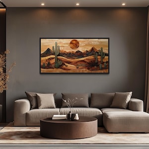 Southwestern Desert Landscape Wall Art, Cactus Mountains Sunset Painting, Rustic Earth Tone Wall Decor Canvas Print
