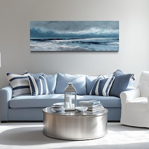 Long Horizontal Ocean Wall Art For Living Room, Blue Abstract Seascape Canvas Print, Coastal Nautical Painting, Framed Ready To Hang