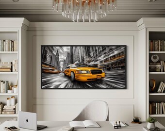 New York City Yellow Taxi Black Background Graffiti Painting Canvas PRINT, Manhattan Wall Art, Office Wall Art Framed, Ready To Hang