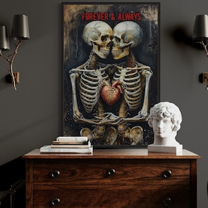 Skeleton Lovers Holding Heart Painting Canvas or Poster PRINT, Gothic Romantic Wall Art, Dark Academia Art Ready To Hang