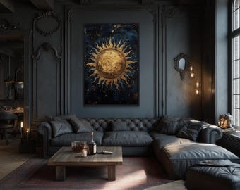 May include: An opulent living room featuring dark grey walls and a large, buttoned sectional sofa. A framed artwork of a golden sun against a dark blue backdrop hangs above the sofa. A wooden coffee table and a patterned rug complete the space.
