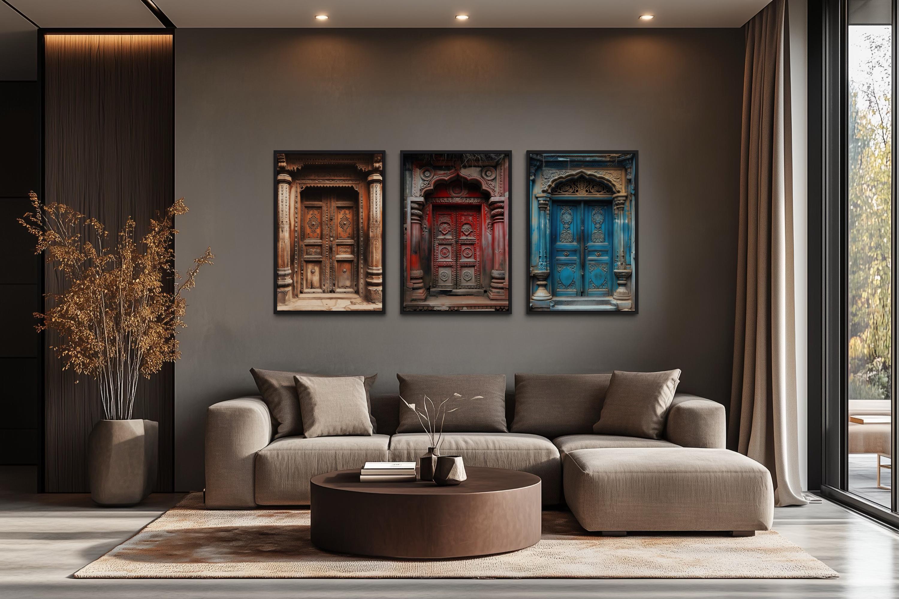 Set of Three Indian Wall Art, Colorful Indian Doors Painting Canvas ...