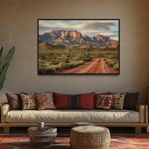 Arizona Desert Landscape Wall Art The Four Peaks With Saguaros Southwestern Painting Canvas Print - Framed Unframed Ready To Hang