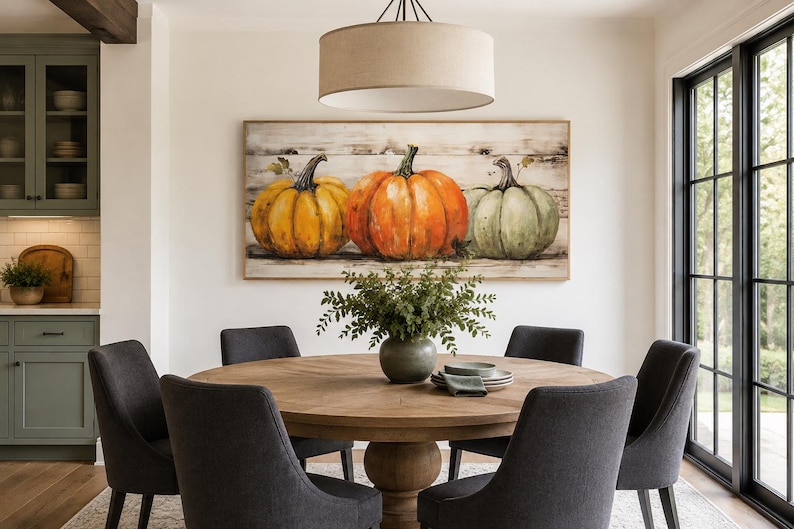 May include: A rectangular wall art piece featuring three pumpkins in yellow, orange, and green, set against a rustic white wood plank background. The artwork is displayed above a round wooden dining table with six dark gray upholstered chairs.
