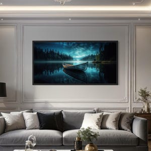 Moody Lake And Boat Wall Art, Mystical Night Scene With Starry Sky Reflection, Tranquil Dark Academia Canvas Print, Framed Ready To Hang