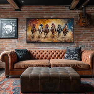 Western Cowboy Wall Art For Men – Horse Racing Riders Painting Canvas Print Wild West Decor Framed Ready To Hang