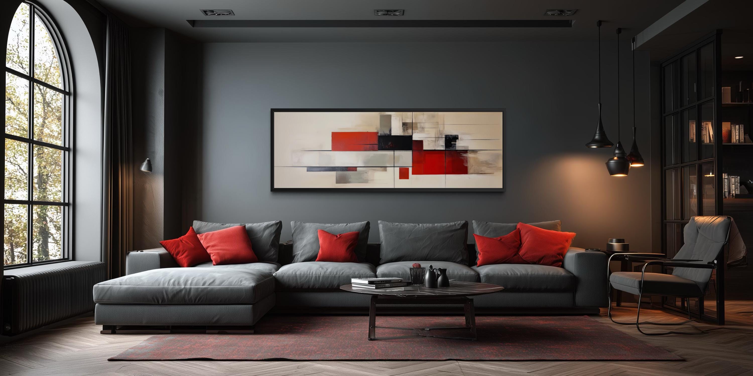 Mid Century Modern Abstract Wall Art Horizontal Canvas Print, Red Beige ...