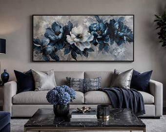 Navy Blue Abstract Flowers Wall Art, Floral Painting Large Canvas PRINT, Boho Horizontal Modern Living Room Wall Decor Framed Ready To Hang