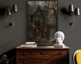 Haunted Victorian House Painting Canvas PRINT, Gothic Wall Art, Halloween Wall Art, Dark Academia Moody Decor Framed Ready To Hang