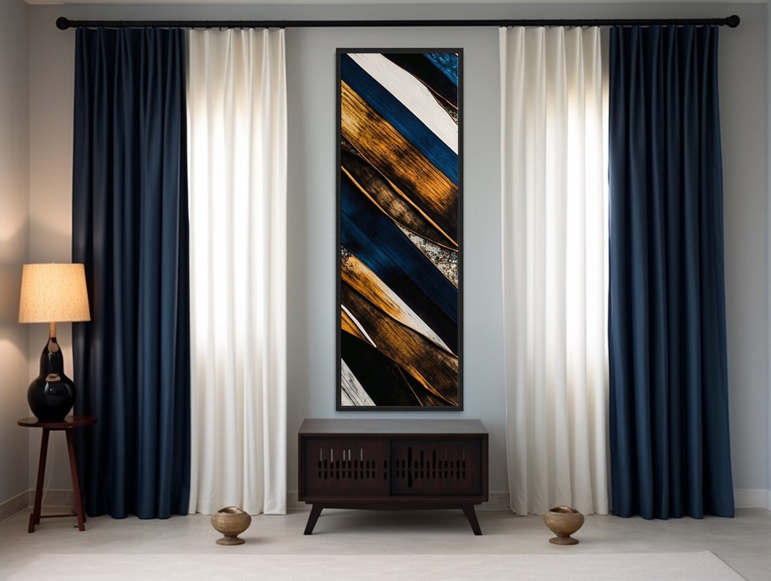 Tall Narrow Wall Art Rustic Farmhouse Decor, Navy Blue Brown Wood