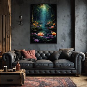 a cozy living room with a large, tufted leather sofa, a wooden coffee table, and a painting of a lush, colorful garden with a pond and flowers hanging above it.